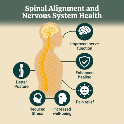 Anatomy infographic explaining how spinal health impacts nervous system fatigue symptoms, featuring key factors for well-being and improved nerve function.
