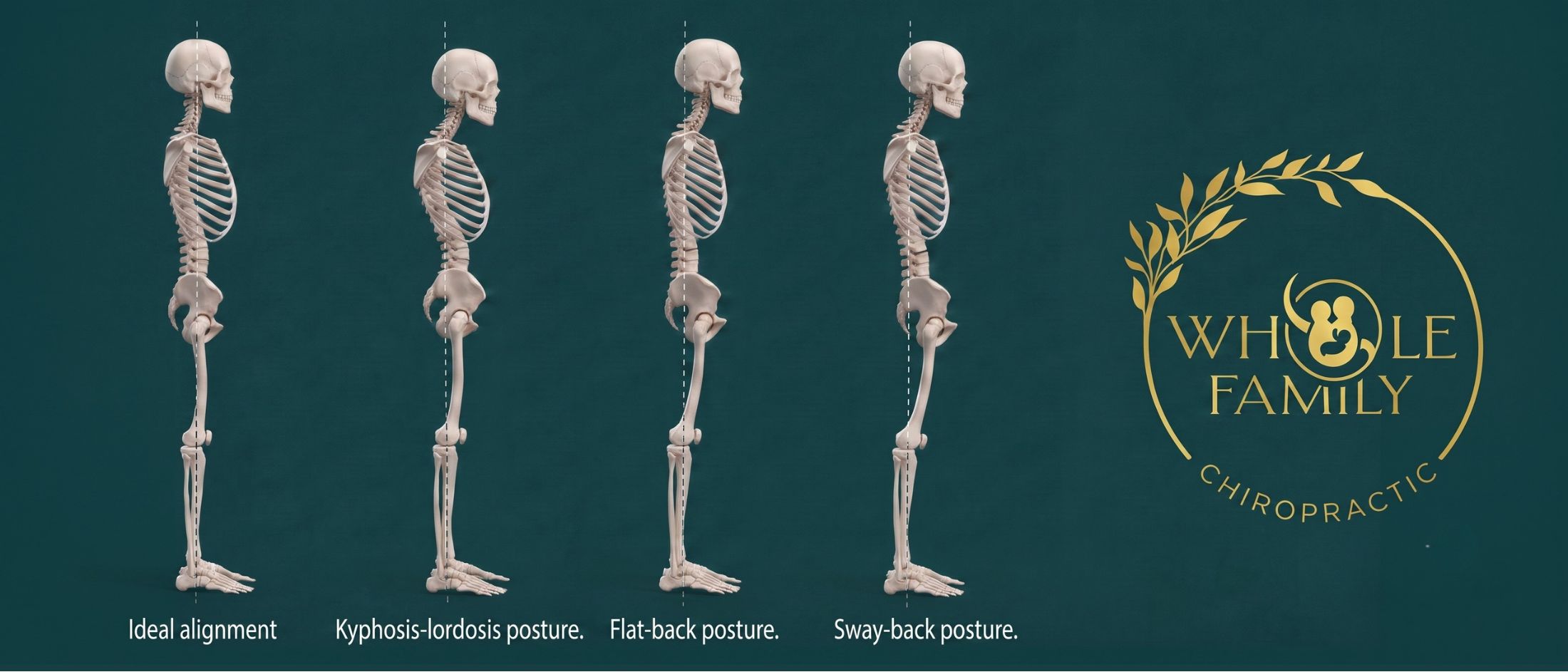 body-alignment-posture-types Comparison of ideal body alignment, kyphosis-lordosis, flat-back, and sway-back postures associated with body out of alignment symptoms.