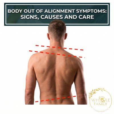 Illustration showing uneven shoulders and hips as common body out of alignment symptoms.