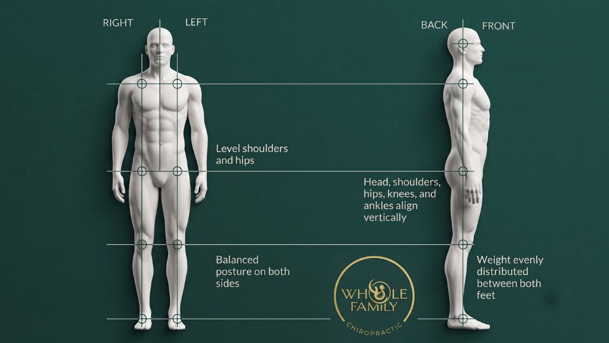 Mirror posture check showing level shoulders and hips, balanced body alignment, and even weight distribution for identifying body out of alignment symptoms.