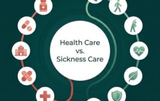 Circular infographic comparing Health Care and Sickness Care, with medical treatment icons on one side and wellness and prevention icons on the other.