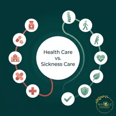 Circular infographic comparing Health Care and Sickness Care, with medical treatment icons on one side and wellness and prevention icons on the other.