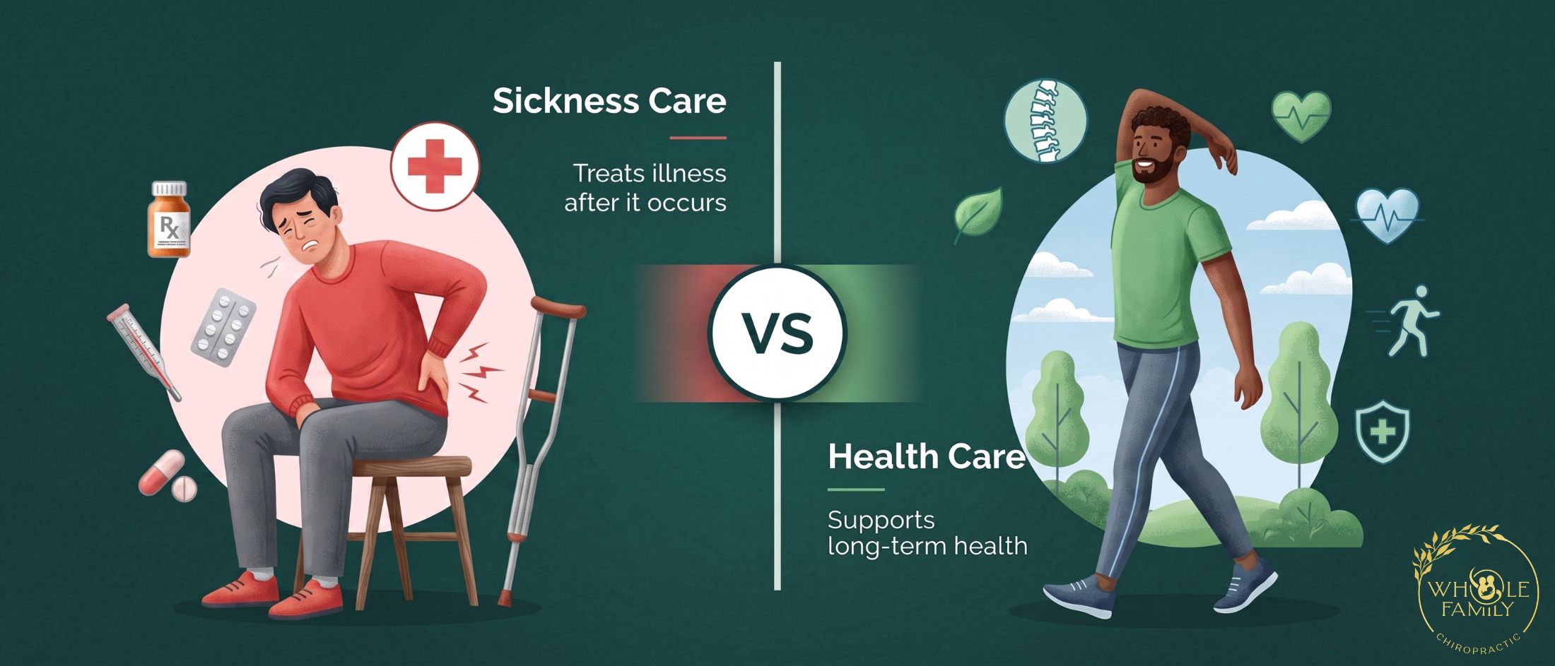 Illustration comparing health care vs. sickness care, showing proactive wellness and long-term health versus treating illness after it occurs.