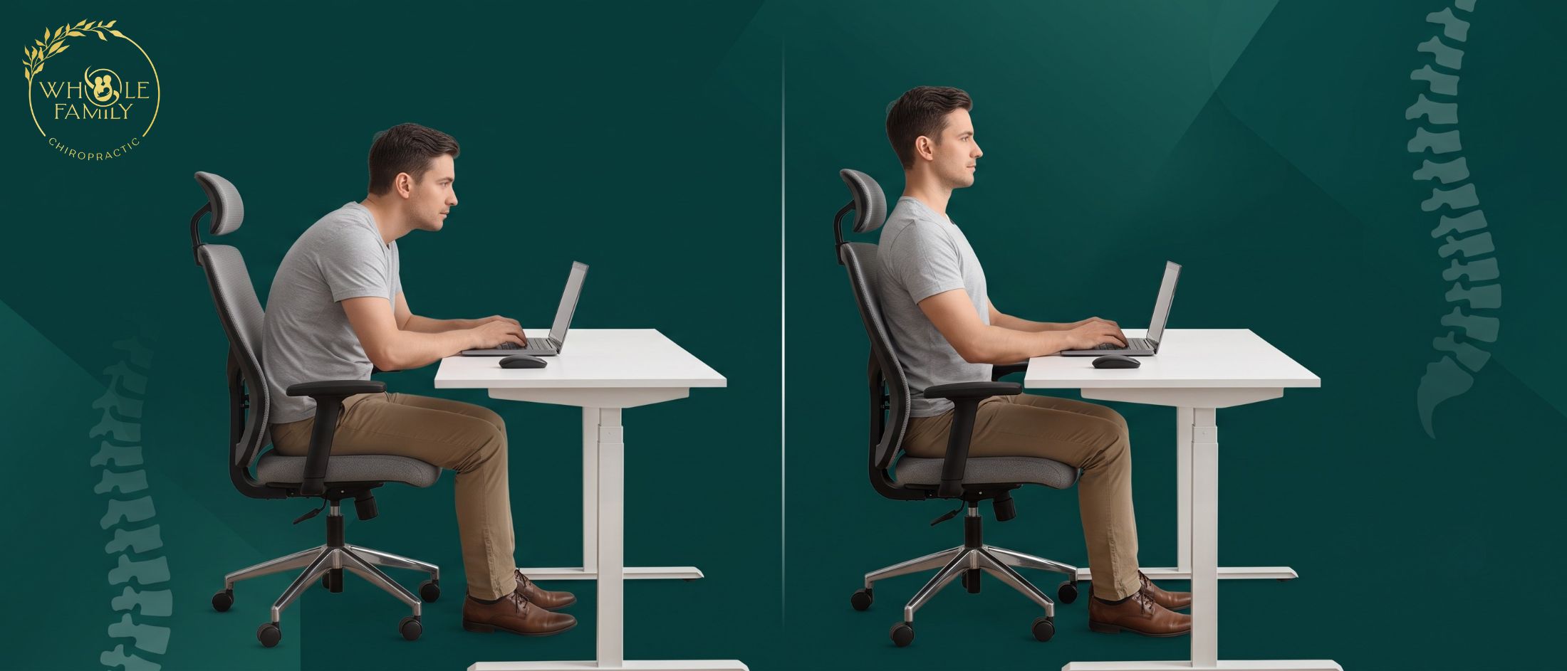 how-to-stop-slouching-posture-comparison Side-by-side comparison showing how to stop slouching with proper sitting posture and ergonomic desk alignment.