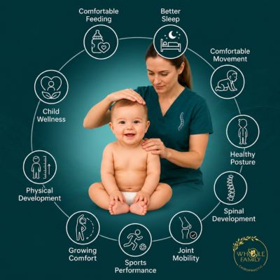 Infographic illustrating the benefits of pediatric chiropractic care, including comfortable feeding, better sleep, healthy posture, spinal development, joint mobility, physical development, sports performance, and child wellness.