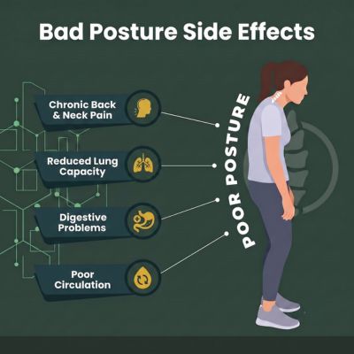 Illustration showing the side effects of bad posture, including chronic back and neck pain, reduced lung capacity, digestive problems, and poor circulation.
