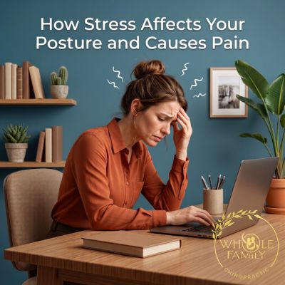 Woman experiencing stress while working, illustrating how stress can affect posture and contribute to neck pain and discomfort.