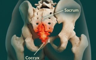 Anatomical illustration showing the sacrum and coccyx to explain the location of tailbone pain (coccydynia).