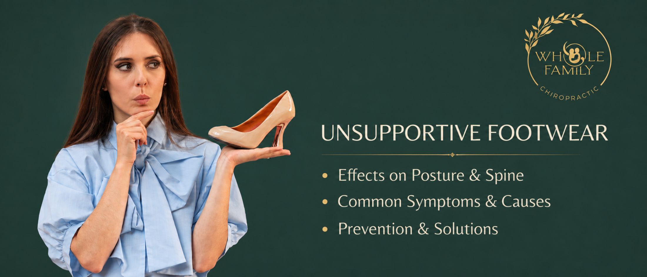unsupportive-footwear Woman holding an unsupportive shoe to illustrate how unsupportive footwear may affect posture, spinal health, and overall body alignment.