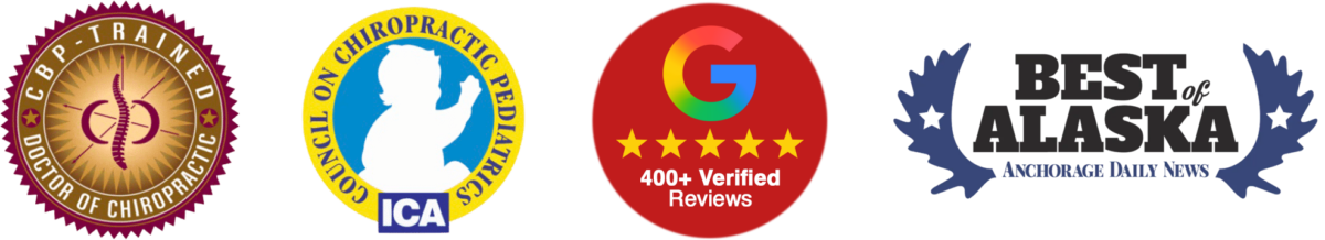 trusted-chiropractor-anchorage Professional badges for an Anchorage chiropractor, featuring a CBP-Trained Doctor of Chiropractic seal, a Chiropractic Pediatrics certification, a Google reviews badge (400+ verified 5-star reviews), and a "Best of Alaska" award.